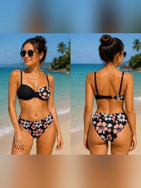 Black Floral Bikini Set with Pink & White Hibiscus Print
